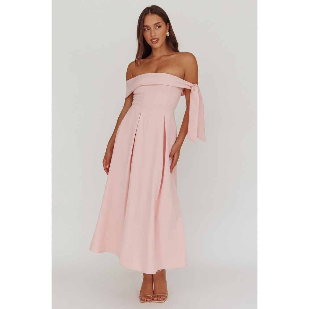 Angel Biba Women Pink Midi Dress Aurora Sky XS Off Shoulder Bow Pleated Cocktail